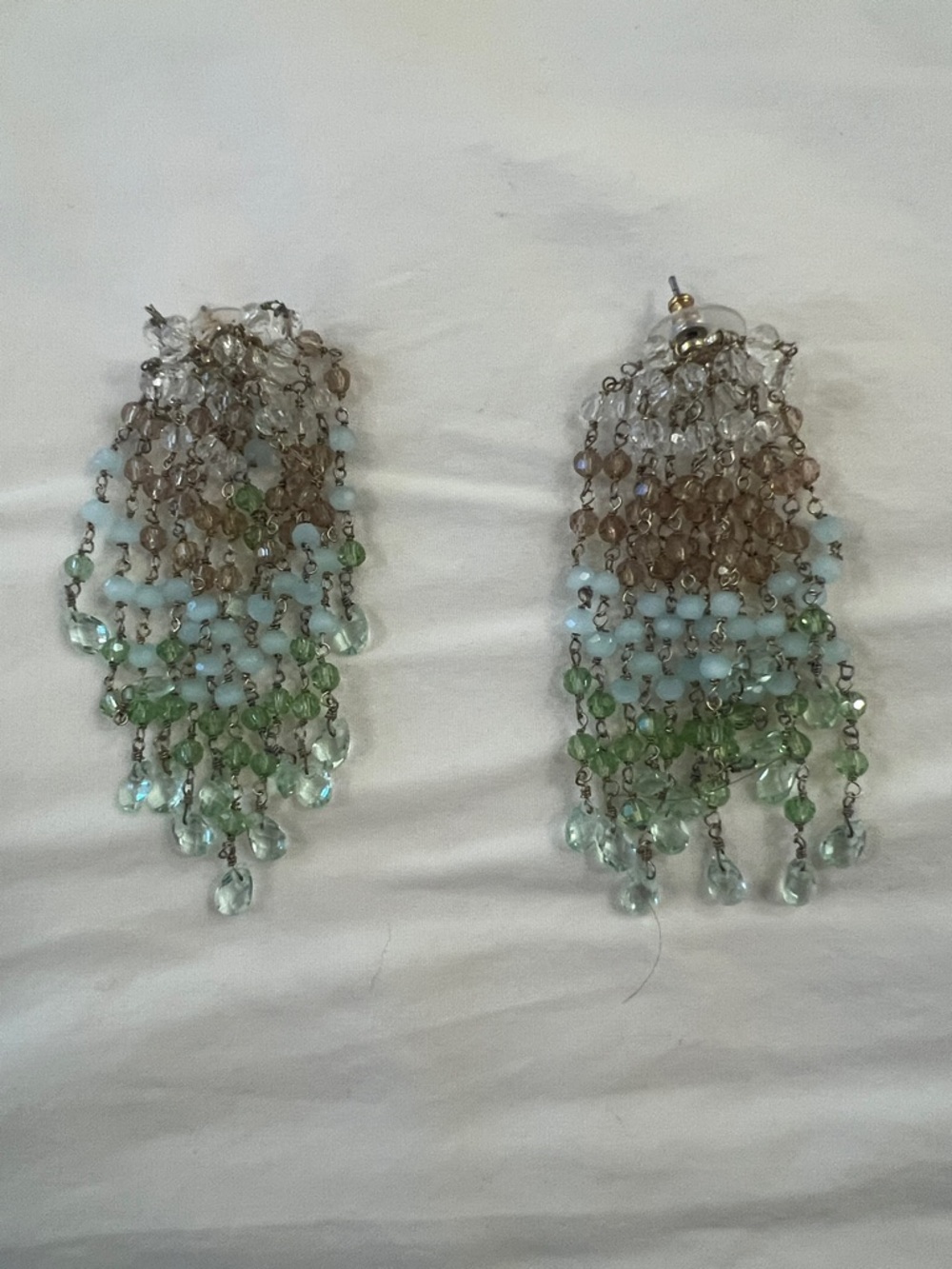 Beaded Tassel Drop Earrings in Green, Blue and Clear